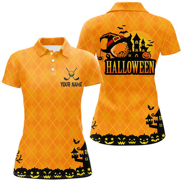 Custom Halloween Landscape Pumpkin Orange Argyle Golf Polo Shirts Custom Funny Golf Gifts For Women