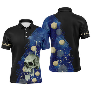 Custom Water Color Golf Skull With Golf Ball Mens Polo Shirt, Custom Name Black Blue Golf Shirts For Men