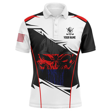 FUNSTUFFPRINT American Flag Skull Golf Polo Shirts, Custom Name Golf Shirts For Men, Patriotic Golf Polo Shirt Size S-5XL