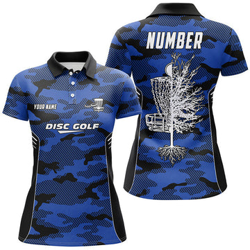 Custom Blue Camo Womens Disc Golf Polo Shirt Custom Camouflage Disc Golf Shirts For Women Golf Gifts