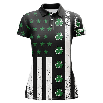 Custom St. Patrick's Day American Flag Womens Golf Polo Shirt Green Clover Patriotic Women Golf Tops