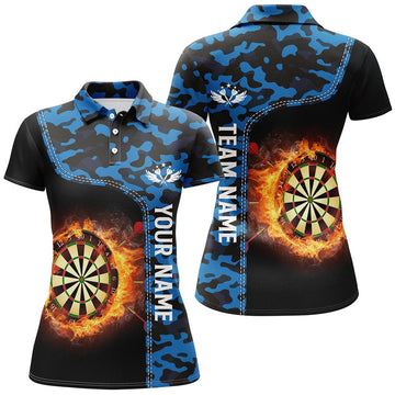 Custom Blue Camo Flame Darts Board Womens Polo Shirt Custom Darts Shirt For Women Dart Jerseys