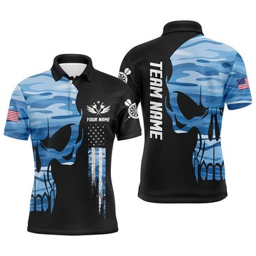 Custom Blue Camo Skull American Flag Mens Darts Polo Shirt Custom Patriotic Dart Jerseys For Men