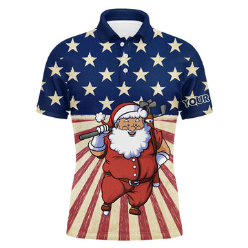 FUNSTUFFPRINT Santa Christmas Vintage American Flag Mens Golf Polo Shirts Funny Golf Polo Shirt Size S-5XL