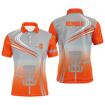 Custom Orange & Grey Mens Disc Golf Polo Shirts Customized Disc Golf Tops For Men Golfing Gifts