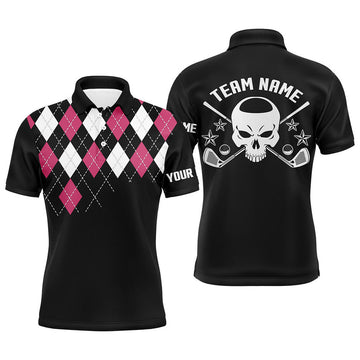 FUNSTUFFPRINT Pink Argyle Pattern Mens Golf Polo Shirts, Customized Skull Golf Shirts For Men Polo Shirt Size S-5XL