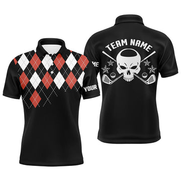 Custom Red Argyle Pattern Mens Golf Polo Shirts, Customized Skull Golf Shirts For Men, Golfer Gifts