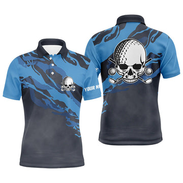 Personalized Skull Dark Blue Mens Golf Polo Shirt Scary Golf Shirts For Men Funny Golf Gifts