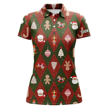 Custom Festive Christmas Icons Golf Polo Shirts Red Green Argyle Golf Shirts For Women Golf Gifts