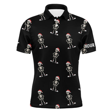 FUNSTUFFPRINT Cartoon Skeleton With Santa Hat Christmas Mens Golf Polo Shirts Black Skull Golf Shirts For Men Polo Shirt Size S-5XL