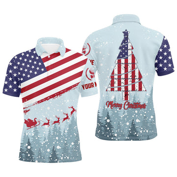 Custom Merry Christmas Usa Flag Golf Mens Polo Shirt Custom Winter Forest Patriotic Golf Shirts For Men