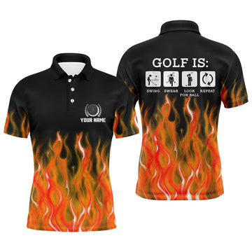 FUNSTUFFPRINT Mens Orange Flame Golf Polo Shirts, Personalized Fire Golf Polo Shirt Size S-5XL