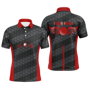 FUNSTUFFPRINT Red And Black Heartbeat Mens Golf Polo Shirts Personalized Golf Polos For Men Polo Shirt Size S-5XL