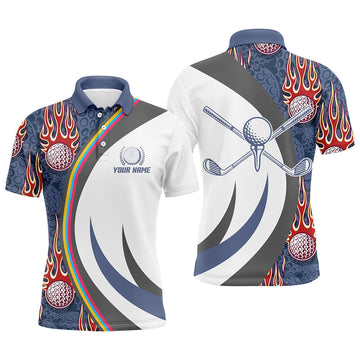 FUNSTUFFPRINT Red Flame Golf Ball Mens Polo Shirts Blue Custom Name Golf Polo Shirt Size S-5XL