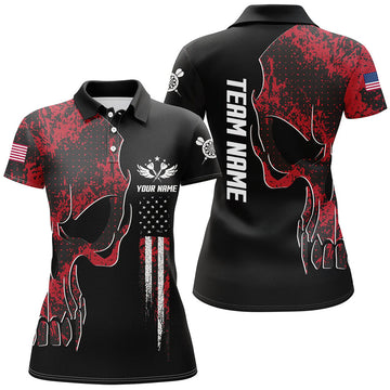 Custom Red Grunge Camo American Flag Skull Darts Polo Shirt Patriotic Dart Jerseys For Women