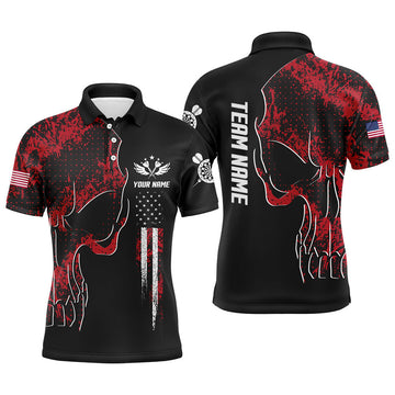 FUNSTUFFPRINT Red Grunge Camo American Flag Skull Darts Mens Polo Shirt Patriotic Dart Polo Shirt Size S-5XL