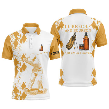 FUNSTUFFPRINT I Like Golf And Bourbon Mens Golf Polo Shirts Customized Yellow Argyle Golf Shirts For Men Golf Gifts Polo Shirt Size S-5XL