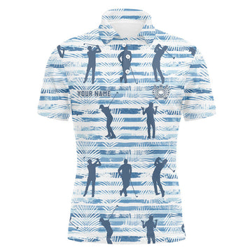 FUNSTUFFPRINT Personalized Blue Stripe Palm Leaves Mens Golf Polo Shirt Tropical Golf Polo Shirt Size S-5XL