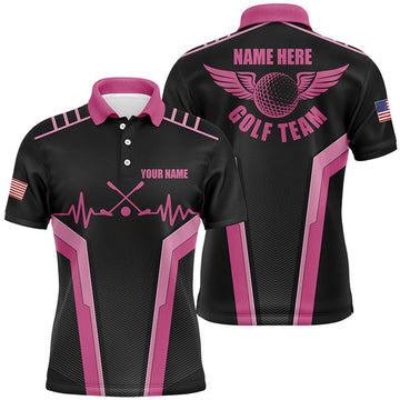 Customized Mens Golf Polo Shirts, Heartbeat Black And Pink Polo Shirts For Mens, Golfer Gifts