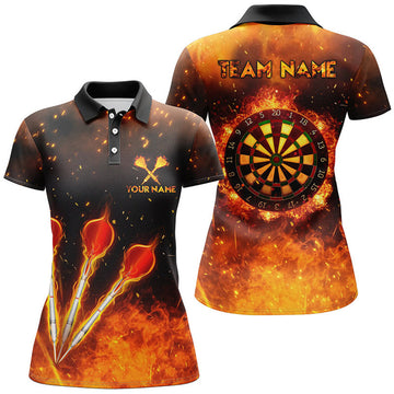Custom Orange Fire Flame Sports Womens Darts Polo Shirt Custom Darts Shirt For Women Dart Jerseys