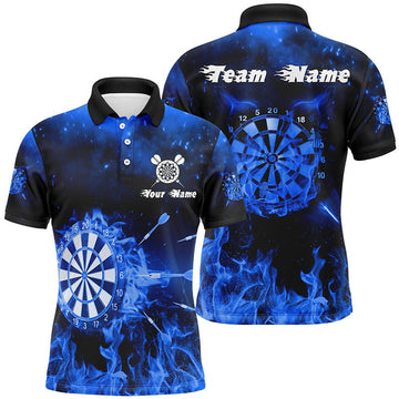 Personalized Mens Darts Polo Shirt Blue Fire Flame Custom Dart Jerseys For Men
