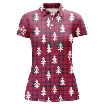 Custom Red Checker Plaid Christmas Tree Womens Golf Polo Shirt Rustic Vintage Golf Shirts For Women