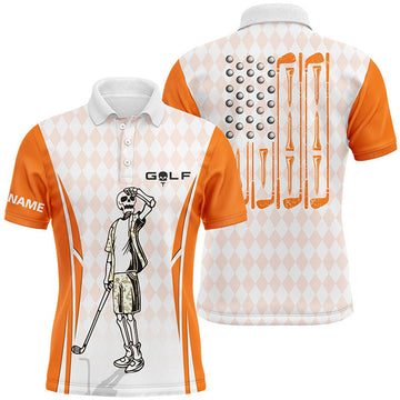 FUNSTUFFPRINT Mens Orange Argyle American Flag Patriotic Golf Polo Shirts Custom Skull Golf Shirts For Men