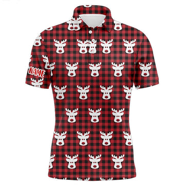 FUNSTUFFPRINT Reindeer Red Black Plaid Christmas Mens Golf Polo Shirt Golf Polo Shirt Size S-5XL