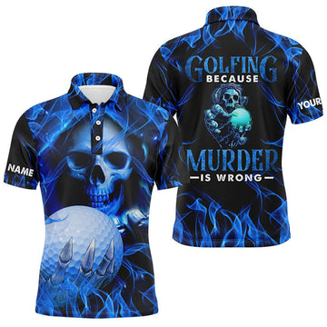 Custom Mens Blue Skull Golf Polo Shirts, Personalized Skull Golf Shirt For Men, Halloween Golfer Gifts