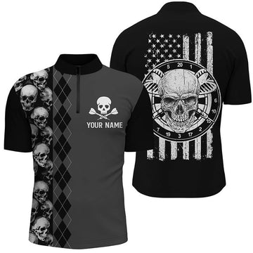 Custom Black Grey Argyle Skull Darts Quarter-Zip Shirt American Flag Patriotic Dart Jersey For Men, Skull Zipper Polo Shirt