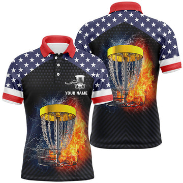 Custom Fire And Water Disc Golf Mens Polo Shirts, American Flag Disc Golf Shirts For Men, Patriotic Gifts