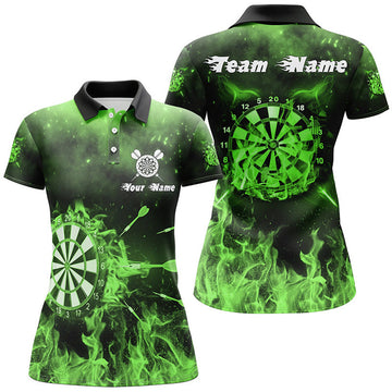 Custom Green Fire Flame Womens Darts Polo Shirts Custom Darts Shirt For Women Dart Jerseys