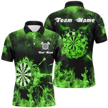 Custom Green Fire Flame Personalized Mens Darts Polo Shirt Custom Darts Shirt For Men Dart Jersey