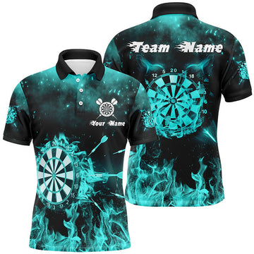 Custom Turquoise Fire Flame Mens Darts Polo Shirts Custom Darts Shirt For Men Dart Jerseys