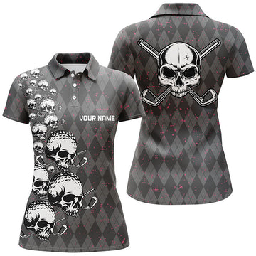 Custom Elegant Argyle Pattern And Skull Womens Golf Polo Shirts, Black Skull Golf Shirts For Women