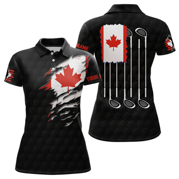 Custom Canada Flag Black Golf Pattern Polo Shirt Red Maple Leaf Golf Shirts For Women Golf Gifts