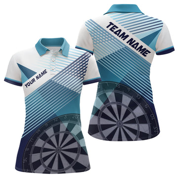 Custom Silhouette White Blue Womens Dart Polo Shirt Personalized Cool Dart Jerseys For Women