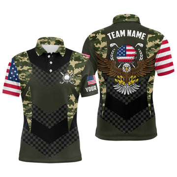 FUNSTUFFPRINT Mens Custom Name American Flag Camo Eagle Golf Polo Shirt Size S-5XL