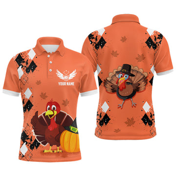 FUNSTUFFPRINT Turkey Bird Thanksgiving Golf Mens Polo Shirt Argyle Orange Custom Men Golf Tops Cool Golf Polo Shirt Size S-5XL
