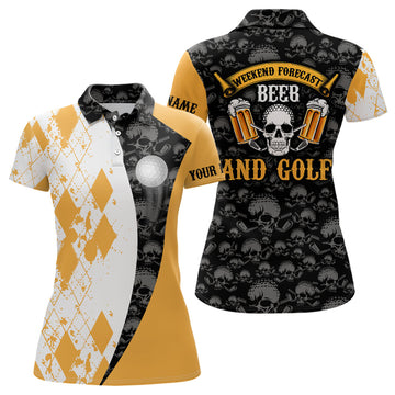 Custom Weekend Forecast Beer & Golf Argyle Pattern Skull Golf Polo Shirt Beer Golf Shirts For Women