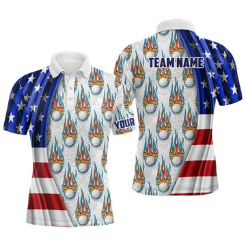 Custom American Flag Fire Flame Mens Golf Polo Shirt Custom Patriotic Golf Tops For Men Golf Gifts