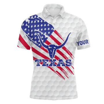 FUNSTUFFPRINT Texas Flag Longhorn Mens Golf Polo Shirts Custom Patriotic Golf Shirts For Men Golf Gifts Polo Shirt Size S-5XL