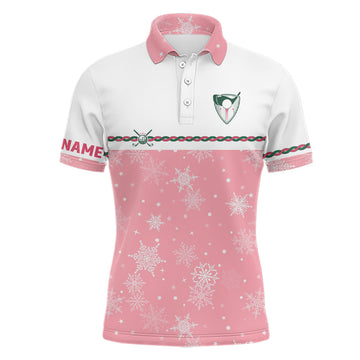 FUNSTUFFPRINT Winter Snowflakes Pink Christmas Golf Mens Polo Shirt Custom Cute Golf Gifts For Men Golf outfit Polo Shirt Size S-5XL