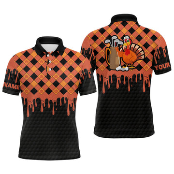 FUNSTUFFPRINT Golf Turkey Thanksgiving Golf Mens Polo Shirt Orange Pumpkin Custom Golf Shirts For Men Golf Polo Shirt Size S-5XL