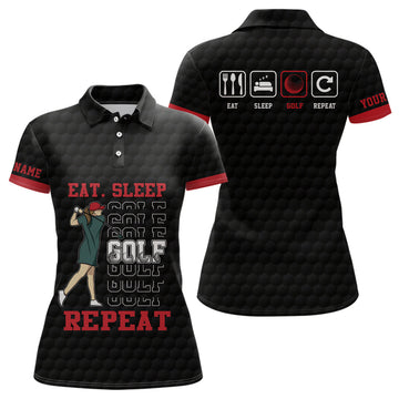 Custom Eat Sleep Golf Repeat Polo Shirt Black Red Sporty Golf Polo Shirt Best Golf Shirts For Women