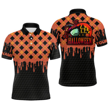FUNSTUFFPRINT Halloween Mens Golf Polo Shirt, Custom Name Halloween Golf Shirts For Men Polo Shirt Size S-5XL