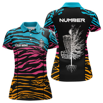 Custom Zebra Pattern Womens Disc Golf Polo Shirts, Colorful Disc Golf Shirts For Womens, Disc Golf Gifts