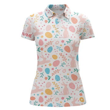 Custom Colorful Easter Eggs & Bunnies Womens Golf Polo Shirt Custom Easter Funny Golf Tops For Women