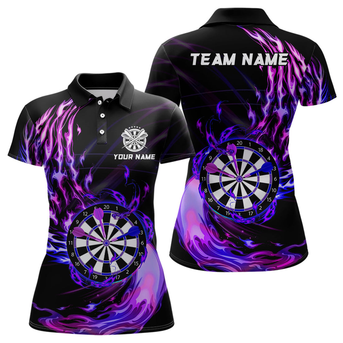 Custom Purple Fire Dartboard Womens Darts Polo Shirt Custom Darts Shirt For Women Dart Jerseys