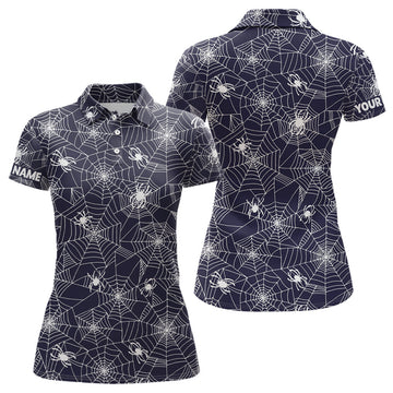 Custom Spooky White Spiders On Cobweb Navy Halloween Golf Polo Shirts Custom Golf Gifts For Women